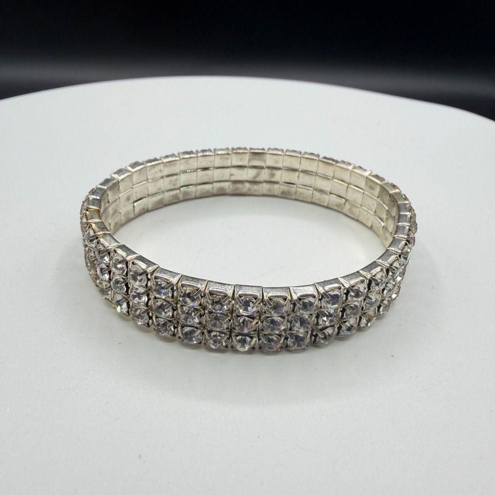 3 Row Clear Rhinestone Stretch Bracelet Silver Tone Sparkle Statement Jewelry
